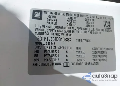 2013 GMC Sierra 1500 Sle z USA, uszkodzony, nr VIN 3GTP1VE04DG105384